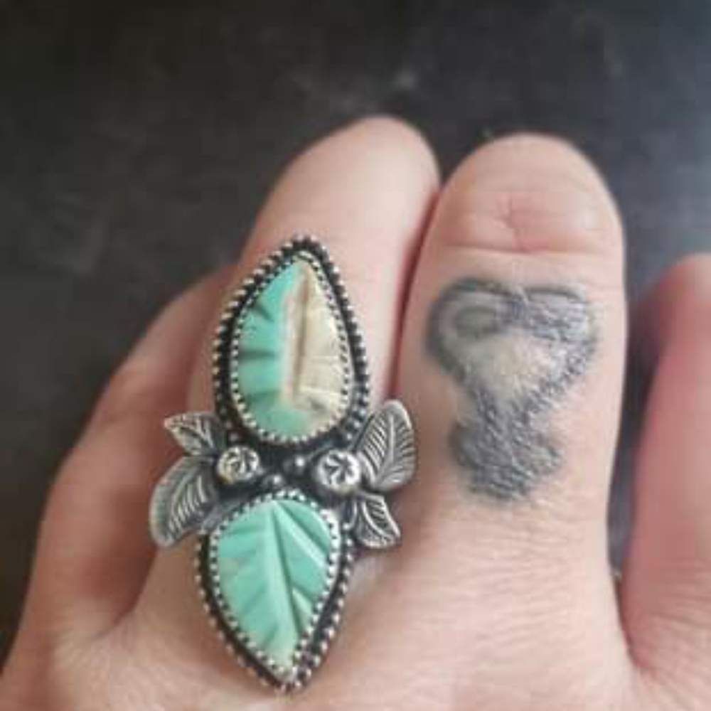 Artisan turquoise carved leaves ring